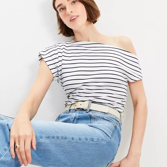 LOFT Navy Stripe Ruched Off The Shoulder Top Size Large - Picture 1 of 10
